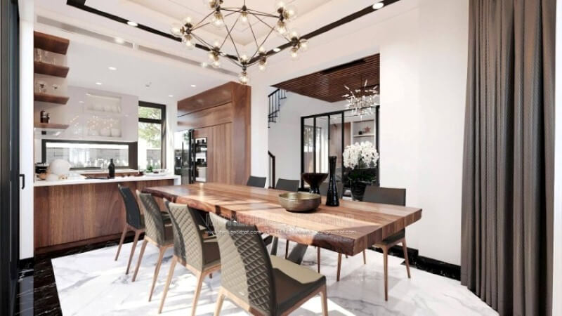 Sẽ là một gợi ý tuyệt vời với sự hiện hữu tủ bếp gỗ óc chó veneer nâu trầm kết hợp tone màu trắng sáng, long lanh từ tủ bếp trên gỗ An Cường acrylic và mặt bàn bếp đá granite. Sự tương phản giữa 2 sắc màu sẽ là ý tưởng tuyệt vời cho thiết kế nội thất phòng bếp hiện đại cho không gian nhà phố, biệt thự.