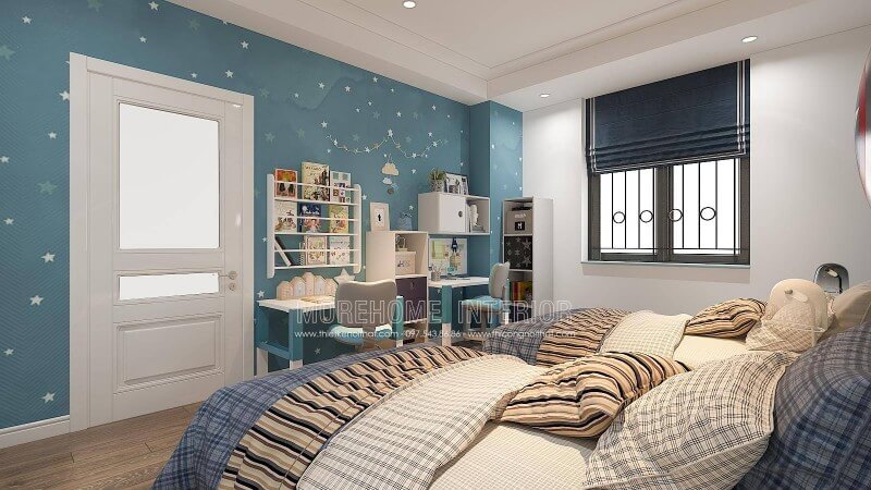 Ý tưởng bố trí phòng ngủ của con tại biệt thự Vinhomes Imperia Hải Phòng tuy đơn giản nhưng lại khá độc đáo từ cách trang trí, bố trí kệ trang trí, bàn học, tủ để đồ và trước mặt như một khoảng trời lớn với các vì sao, đám mây đang bay lơ lửng sẽ là lợi ý khá độc đáo để quý vị tham khảo cho các bé của mình.