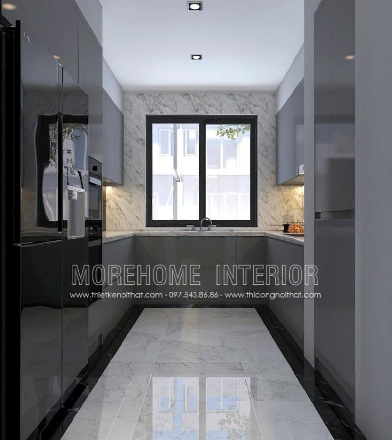 Xu hướng thiết kế nội thất phòng bếp sử dụng gỗ công nghiệp acrylic màu xám cùng mảng tường lớn được trang trí bởi đá nhân tạo có vân là điểm nhấn đáng chú ý để bạn có thể rút ngắn thời gian vệ sinh phòng bếp mà vẫn giữ nguyên vẹn vẻ đẹp như ban đầu.