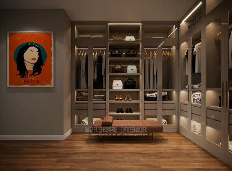 Tủ quần áo đẹp, sang trọng với thiết kế mở từ hệ thống cửa kính trong suốt sẽ lựa chọn thông minh cho phòng thay đồ.