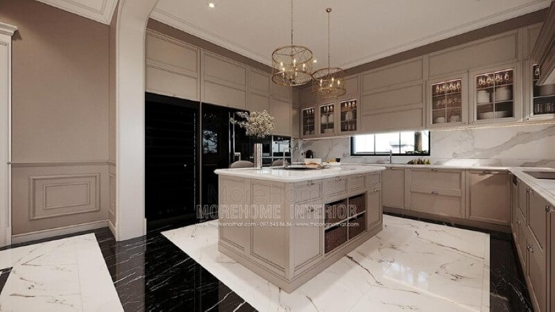 Tủ bếp chữ U gỗ tự nhiên cao cấp tạo vẻ đẹp sang trọng cho không gian nhà phố, biệt thự. Thiết kế tủ bếp biệt thự sang trọng