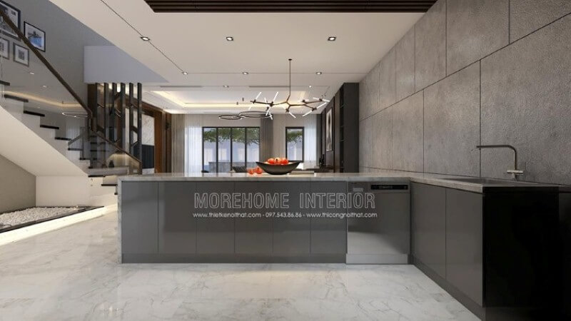 Thiết kế nội thất hiện đại đẹp, độc đáo với gam màu ghi nổi bật trong toàn không gian bếp từ bộ tủ bếp đảo gỗ acrylic sáng bóng được phủ bề mặt đá ốp sang trọng, gạch ốp tường giả bê tông. Tủ bếp acrylic