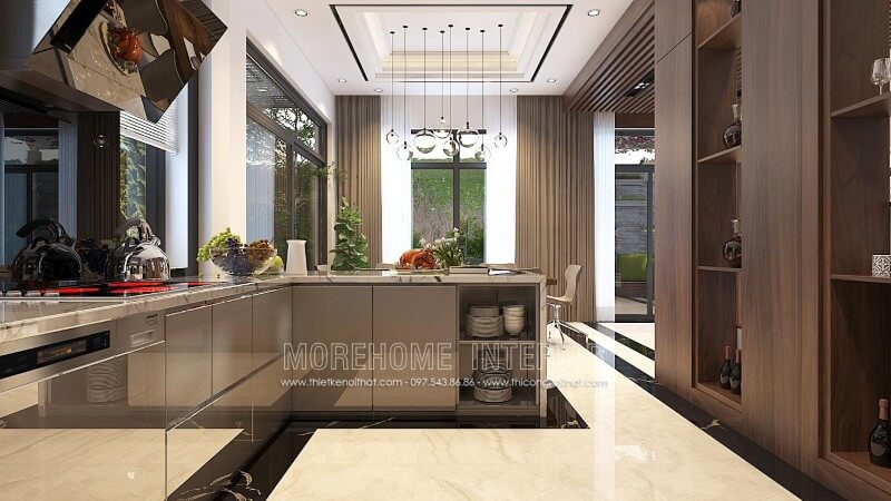 Mẫu tủ bếp Acrylic phủ bóng gương đầy mới lạ, tone màu xám nhẹ ấn tượng mang lại sự sang trọng cho căn phòng Tủ bếp acrylic