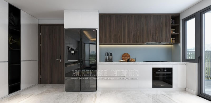 Sự kết hợp hoàn mỹ của 2 tone màu nêu trầm của gỗ Veneer óc chó và màu trắng của gỗ Acrylic đem lại không gian đầy tinh tế và mới lạ cho không gian nội trợ của gia chủ Tủ bếp acrylic