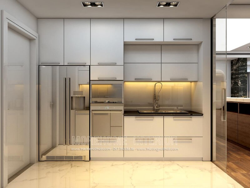 Tủ bếp chữ i được làm từ gỗ công nghiệp màu trắng với lối thiết kế kịch trần tạo nên không gian bếp thoáng rộng hơn Tủ bếp đẹp, sang trọng và đẳng cấp