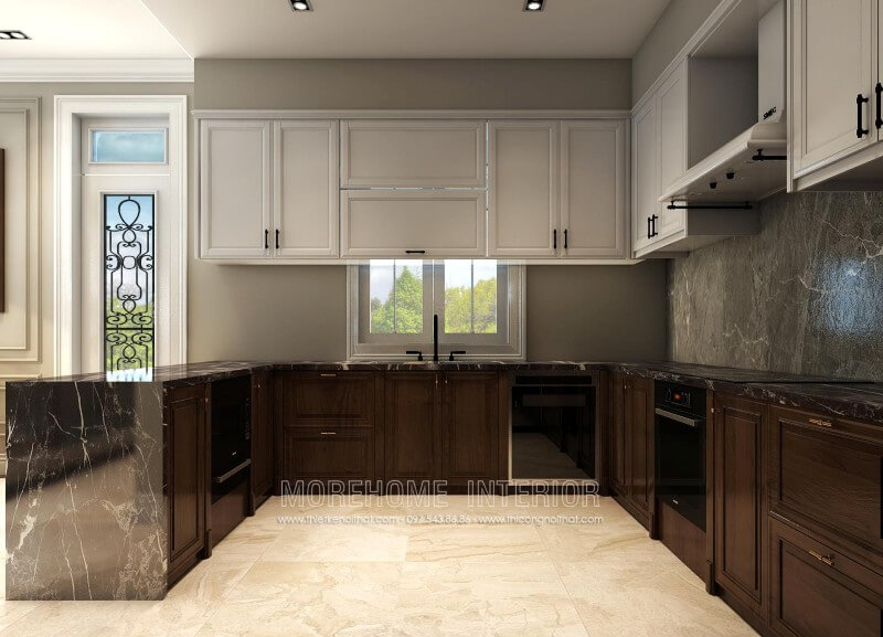 Thiết kế tủ bếp sang trọng và lạ mắt, ở khu vực nội trợ của gia chủ, KTS lựa chọn sử dụng kết hợp giữa 2 gam màu trắng và nâu mang lại không gian nhẹ nhàng, ấm cúng mà không quá nặng nề Tủ bếp đẹp, sang trọng và đẳng cấp