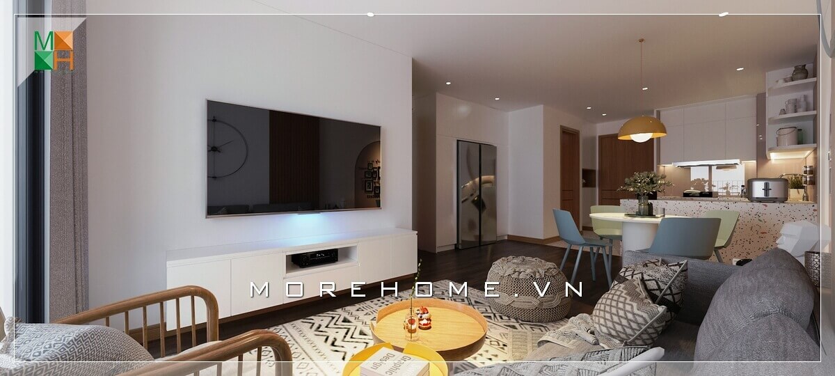 Sử dụng kệ ti vi cao cấp hiện đại màu trắng trang nhã tô thêm nét nổi bật của ngôi nhà Thiết kế nội thất phòng khách chung cư