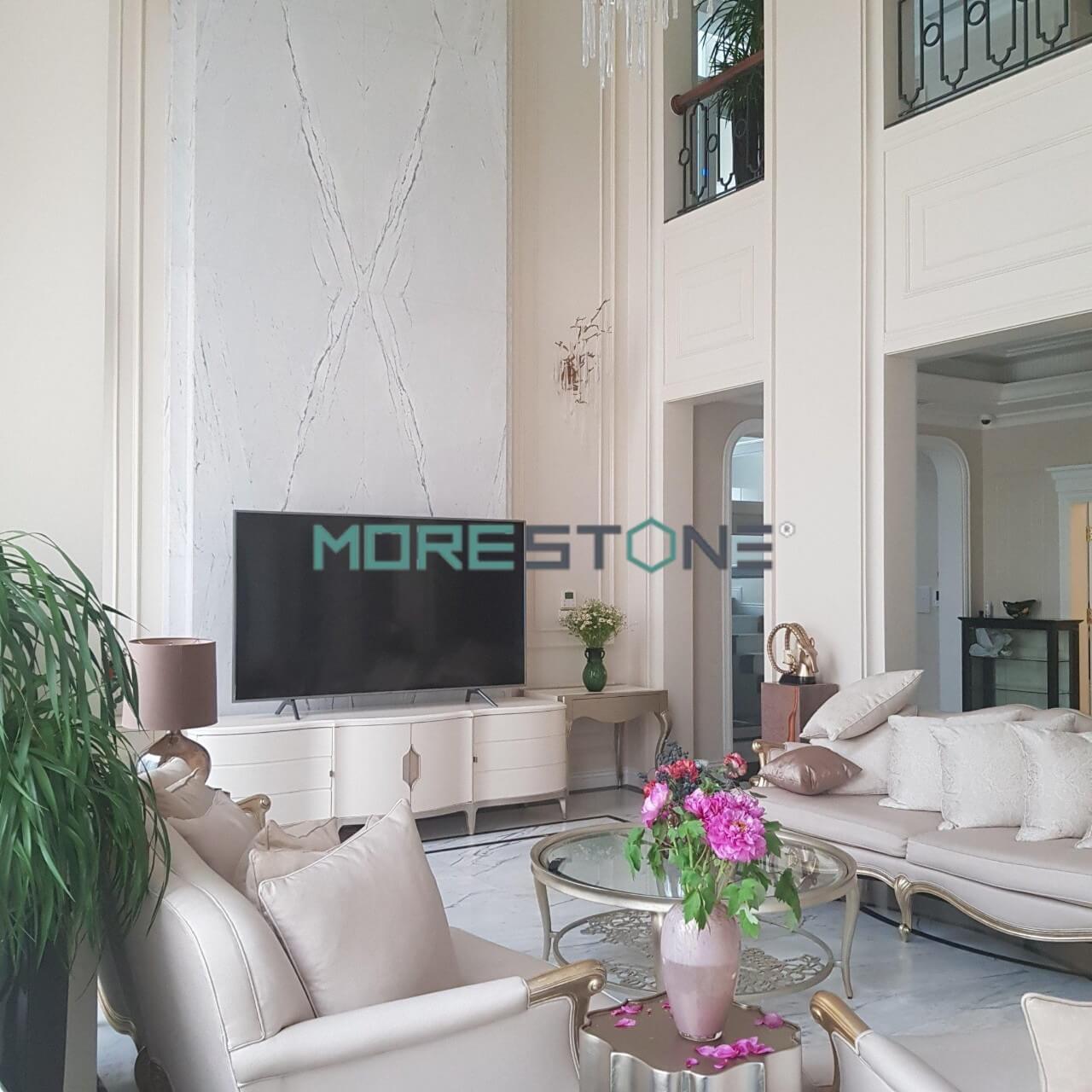 Mẫu kệ tivi bằng gỗ tự nhiên phun sơn trắng cao cấp phong cách tân cổ điển đẹp cho phòng khách Thiết kế phòng khách biệt thự