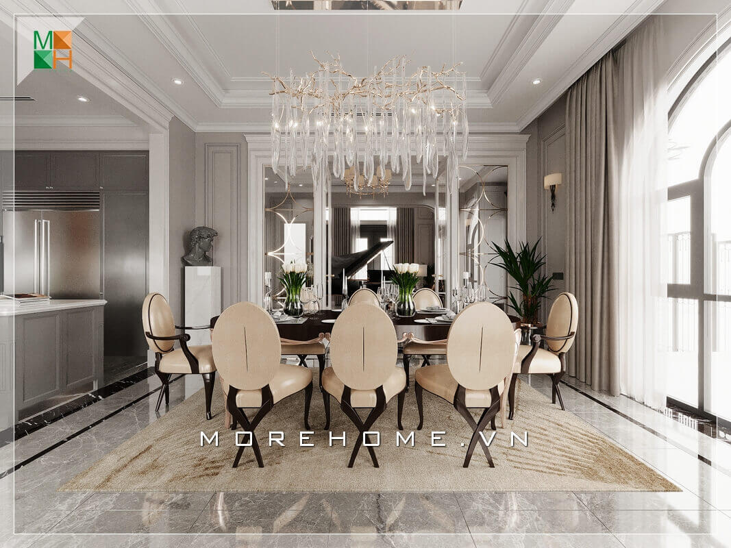 Ấn tượng mẫu bàn ăn 8 ghế bọc da chân gỗ óc chó cao cấp mang phong cách tân cổ điển rất phù hợp với không gian phòng ăn biệt thự cao cấp.