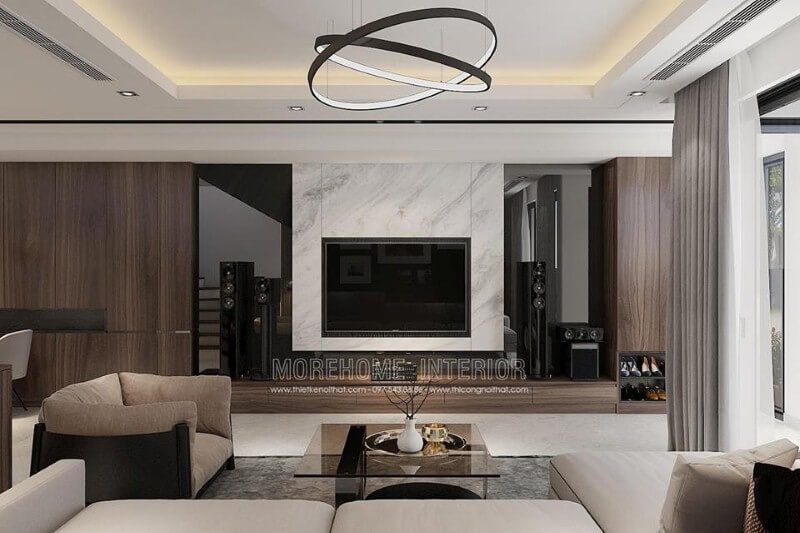 Trang trí phòng khách ấn tượng từ tấm ốp phòng khách tương phản giữa 2 sắc màu đối lập: đen trắng.