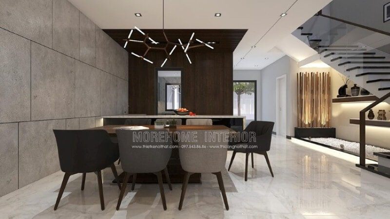 Thiết kế phòng ăn với xu hướng sử dụng bàn ăn gỗ nguyên khối và bộ bàn ghế không đồng bộ màu sẽ mang lại cách nhìn mới lạ.