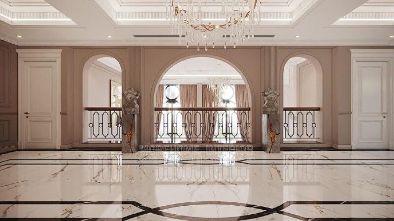 Thiết kế hành lang đẹp, sang trọng cho phòng khách thông tầng.