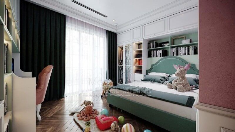 Bố trí nội thất phòng ngủ bé gái ấn tượng với bố trí giường ngủ, kệ tủ trang trí khoa học giúp không gian thông thoáng tối đa nhưng vẫn đảm bảo công năng, tính thẩm mỹ.