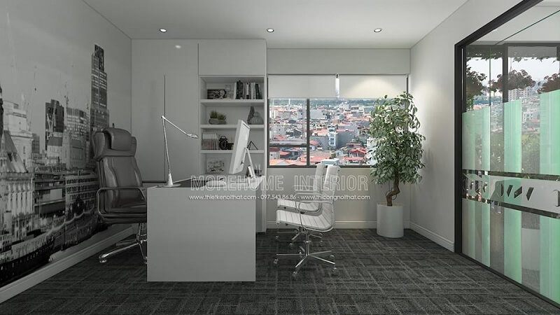 Mẫu thiết kế nội thất văn phòng làm việc nhỏ gon, tiện nghi được trang trí bằng bằng giấy dán tường đẹp