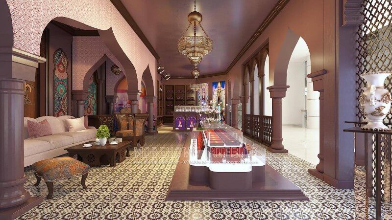 Mẫu gạch lát nền ở đây có họa tiết độc đáo hình hoa mang lại sự thân thiện và sinh động cho showroom cũng như sự nhẹ nhàng mới lạ khi khách bước chân vào.