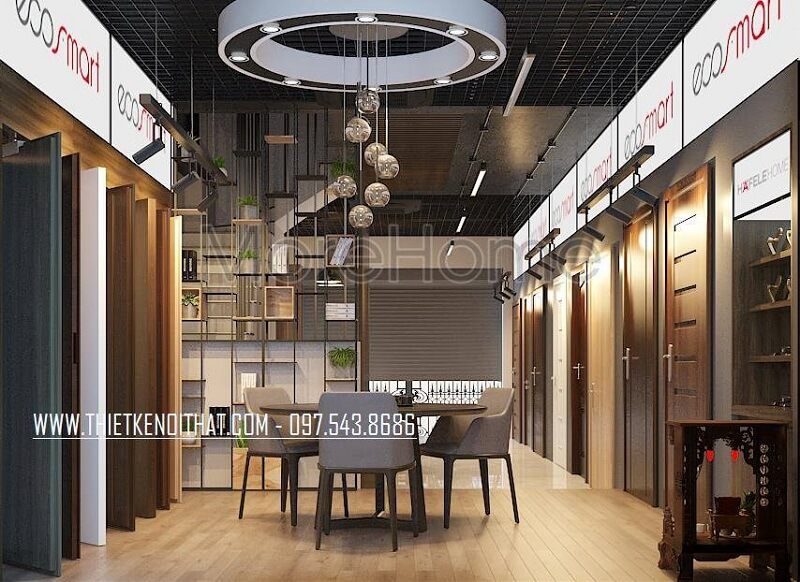 Thiết kế showroom trưng bày cửa gỗ công nghiệp ATA ấn tượng với cách bố trí tinh tế hợp lí để show ra được các sản phẩm cửa gỗ