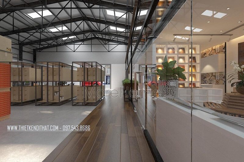 Thiết kế kho chứ đồ showroom nội thất JANHOME đẹp, KTS đã khéo léo kết hợp kính cường lực ngăn cách 2 không gian ấn tượng.