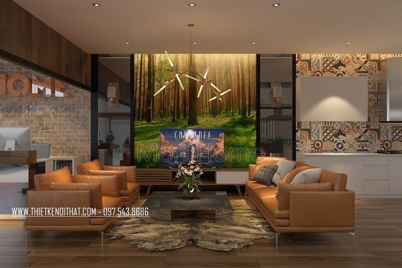 Mẫu sofa da màu cam hiện đại tạo điểm nhấn nổi batah cho khu vực tiếp khách tại showroom nội thất JANHOME