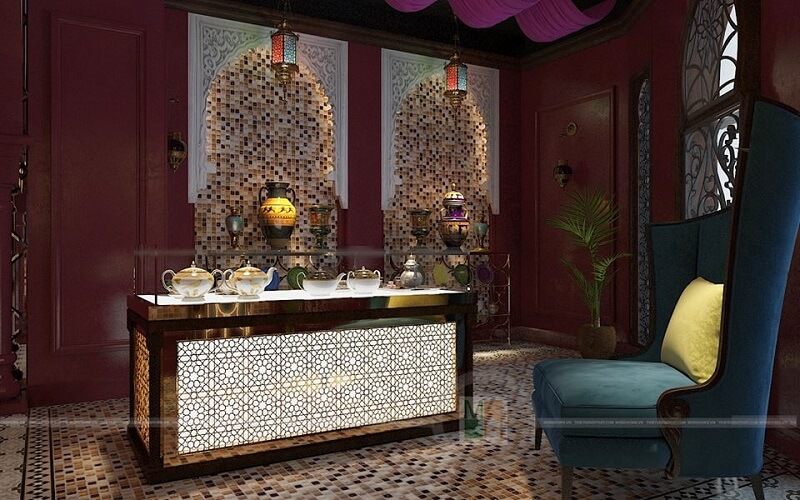 Mẫu thiết kế phòng trà đẹp tại showroom làm đẹp Saffron với đồ nội thất họa tiết nổi bật theo phong cách Iran- Địa Trung Hải