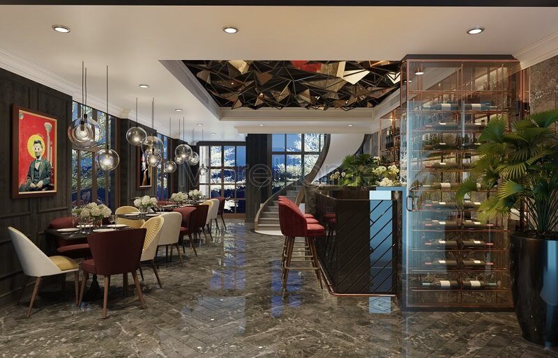 Thiết kế nhà hàng khách sạn đẹp với đồ nội thất cao cấp theo tông màu đỏ, trắng chủ đạo.