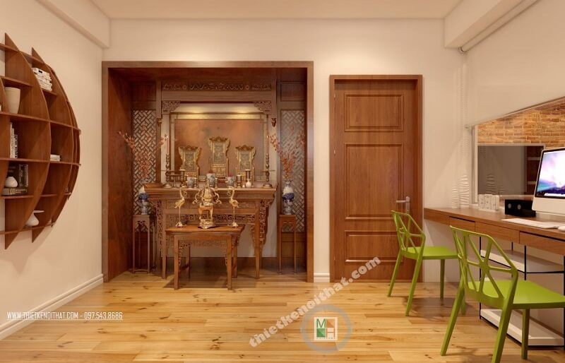Mẫu bàn thờ gỗ tự nhiên tân cổ điển cho phòng thờ chung cư được yêu thích tại MoreHome