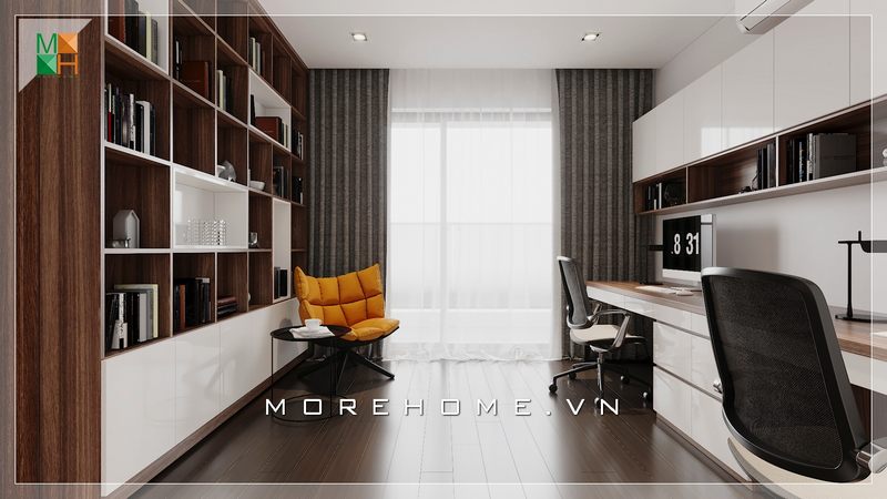 Mẫu thiết kế nội thất chung cư, nhà phố, biệt thự theo phong cách hiện đại cửa ban công thông thoáng có ánh sáng tự nhiên chiếu vào là điều kiện lý tưởng cho không gian phòng làm việc .