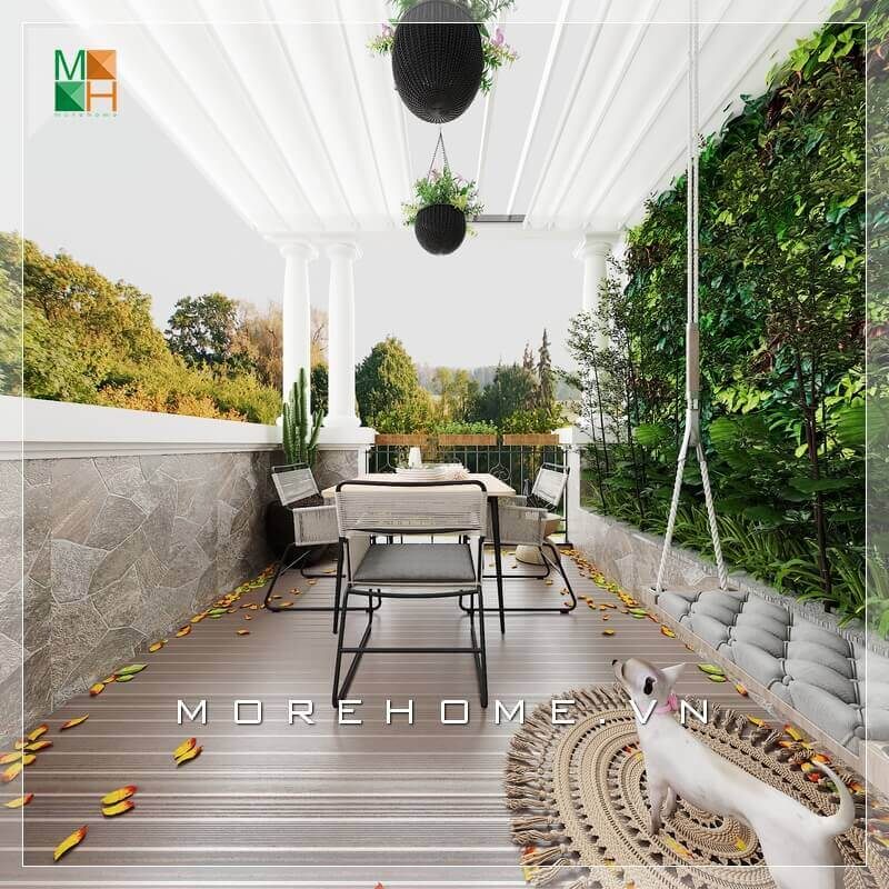 Thiết kế ban công mang phong cách hiện đại, bộ bàn ghế khá đơn giản nhưng không làm mất đi vẻ sang trọng của không gian nơi đây.