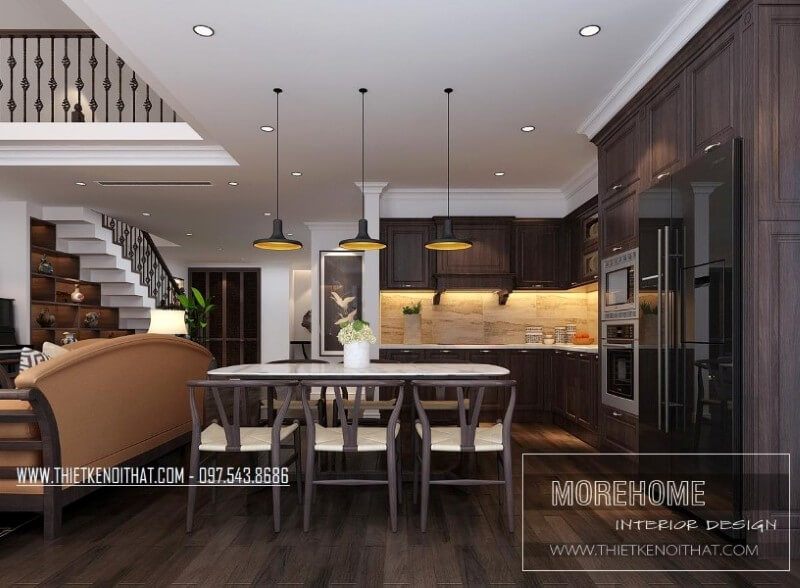 Liền kề là một phòng khách sang trọng, gồm cả phòng ăn ấm cúng, phòng bếp và không gian rộng hơn, giúp cho gia đình có cảm giác ấm áp khi quây quần bên nhau.