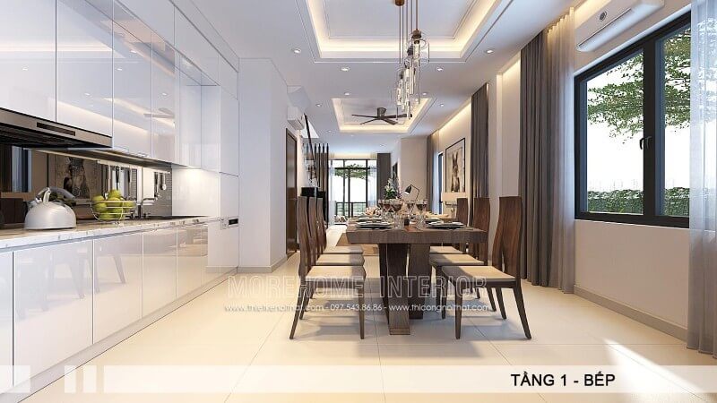 Thiết kế tủ bếp liền kề với không gian ăn uống giúp gia chủ có bữa cơm ngon miệng và thuận tiện hơn cả