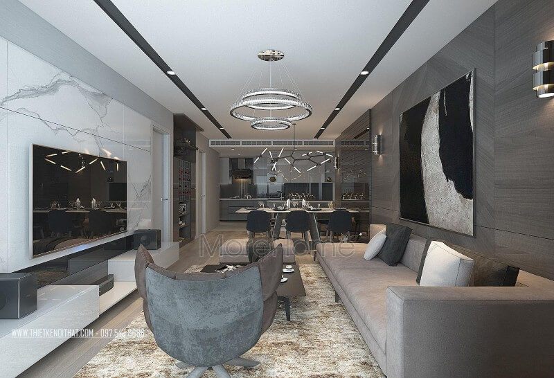 Tivi được thiết kế với một phần vách ốp đá nhân tạo tạo ra một hình ảnh vân mây ấn tượng và tốn kém nhiều chi phí.