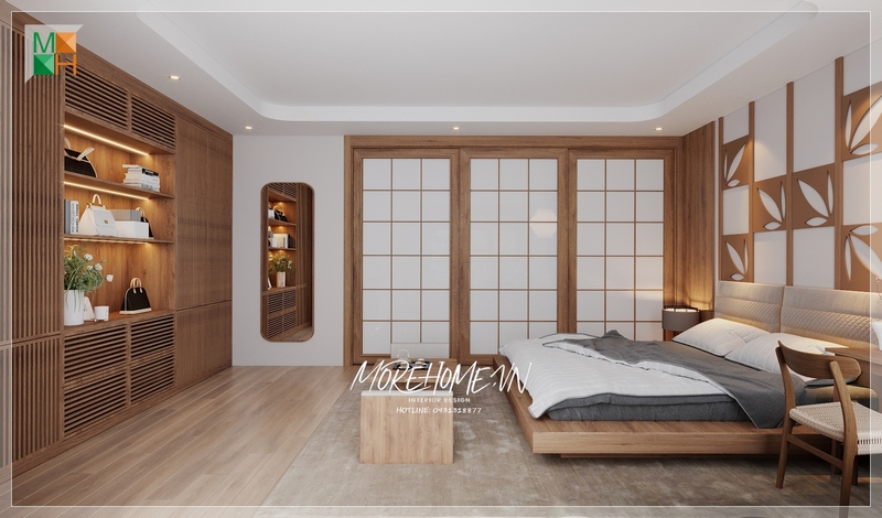 Thiết kế phòng ngủ phong cách nhật với tông màu trung tính, gam màu nâu, trắng mang tới vẻ đẹp độc đáo.